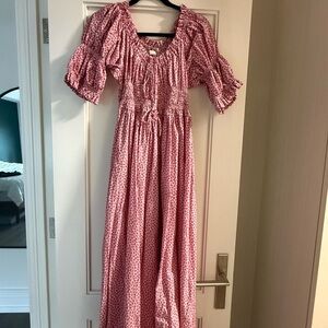 Pink Floral Puff-Sleeve Smocked Maxi Dress